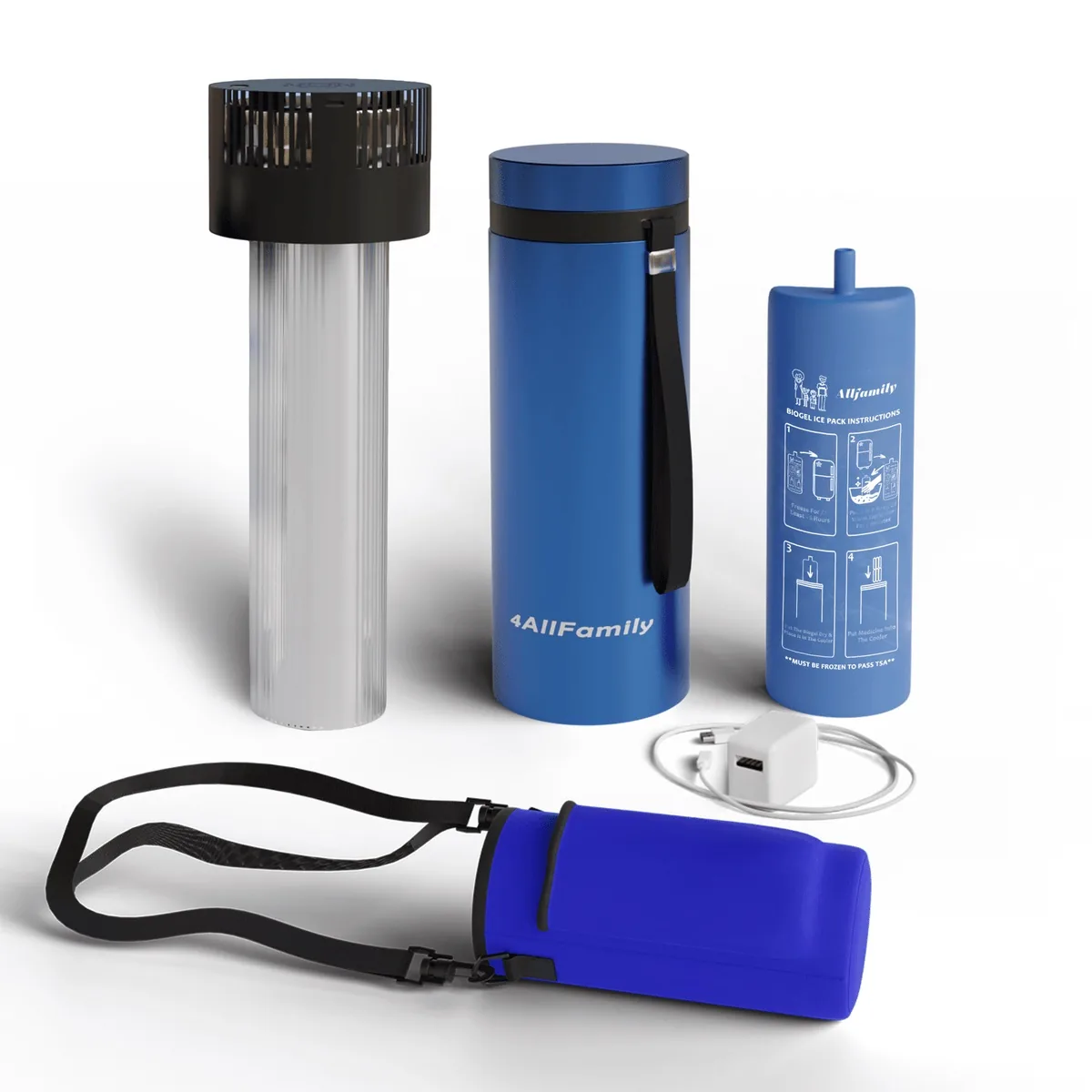 Blue 4AllFamily Voyager medication cooler shown by the manufacturer